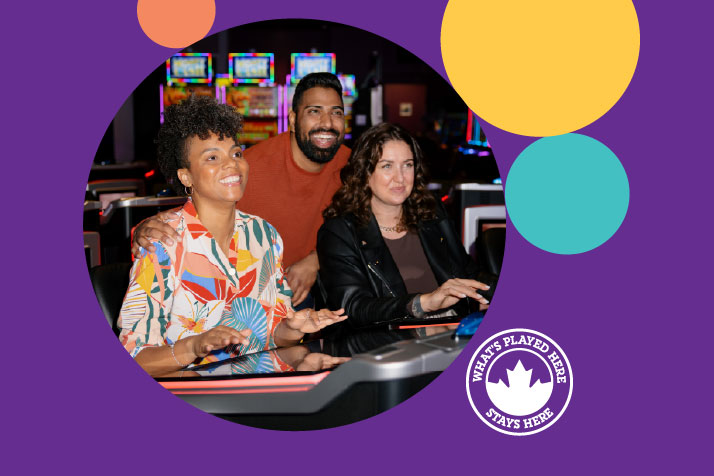 Three people play at an electronic table game. Next to the image is a graphic icon of a maple leaf and text What's Played Here Stays Here.